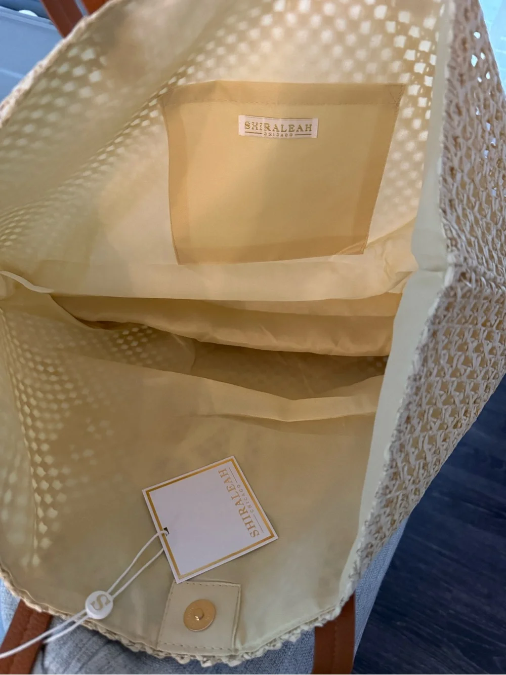 Shiraleah Natural Straw 'BRIDE' Tote with Brown Handles and Blue Accents